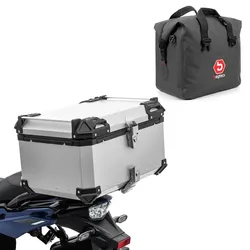 Set Motorrad Aluminium Topcase 65L + Innentasche Dry Bag passend für Polaris Sportsman 800 Bagtecs XB65 Alu Top Case silber