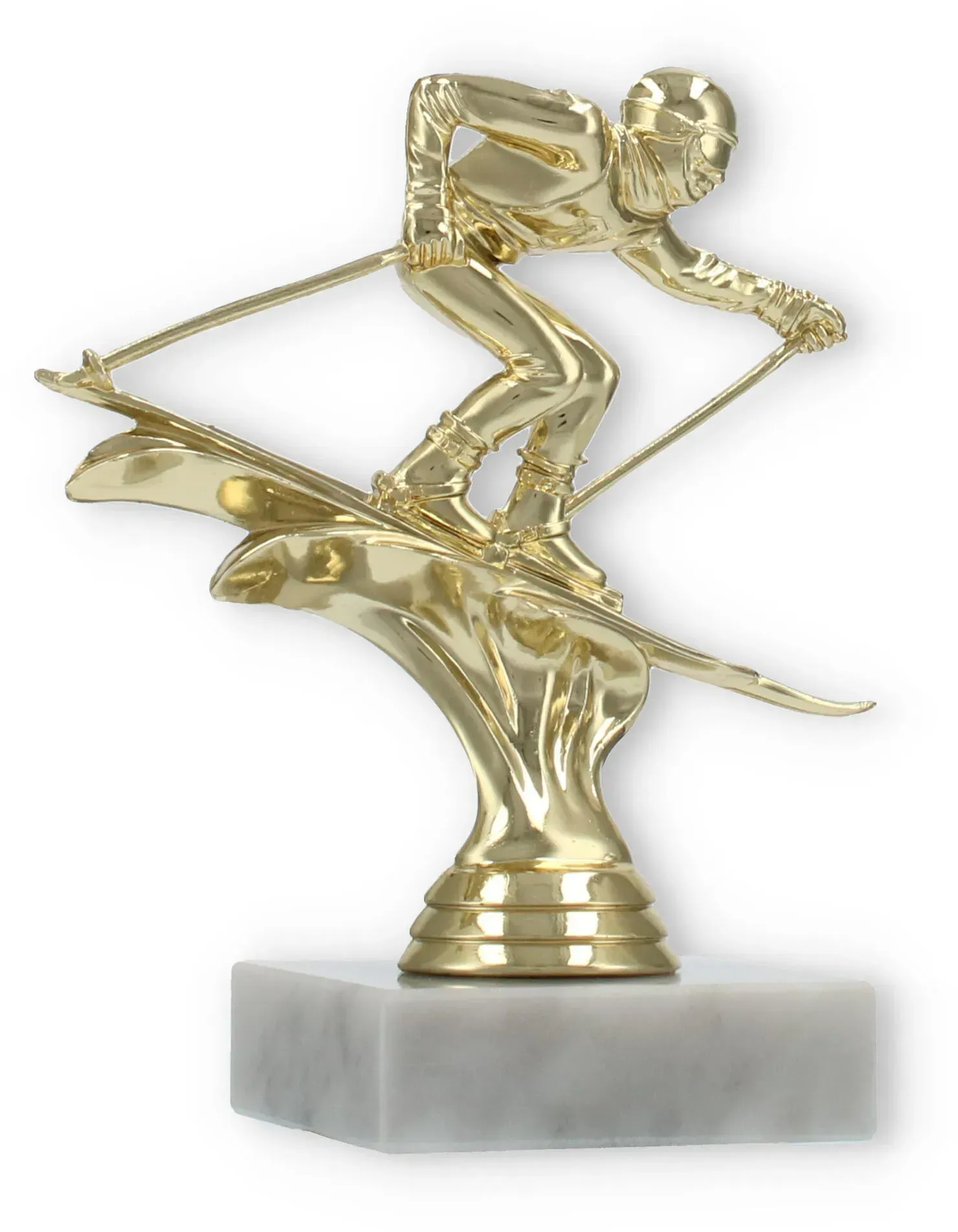Pokal Kunststofffigur Ski Abfahrt gold auf weißem Marmorsockel 13,6cm