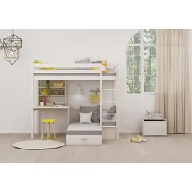 VCM Kids Hochbett, Couch, Lattenrost, Matratze, Schreibplatte und Regal weiss/hellgrau. - Weiß