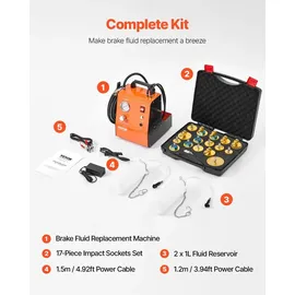 Vevor elektrisches Bremsenentlüfter-Set Profi Hauptbremszylinder-Entlüftungsset mit Druckmesser & eingebauter Luftpumpe, vielseitiges Bremsenentl...