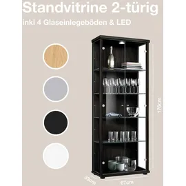 K-Möbel Glasvitrine Schwarz Glas, 4 höhenverstellbaren Glasböden - LED - Standvitrine - Vitrinenschrank - Sammlervitrine - Schwarz