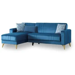 Dmora Schlafsofa Miguel, Eckschlafsofa mit 3 Kissen inklusive, Gepolstertes Stoffsofa mit Klick-Klack-Öffnung, 225x151h84 cm, Blau