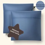 Amqua Mako Satin Kopfkissenbezug 80x80 Baumwolle (2er Set) Weiß| Satin Kissenbezug 80x80 Blaue Streifen| 80x80cm Kissenbezug weich wie Seidenkissenbezug 80 x 80|SORA