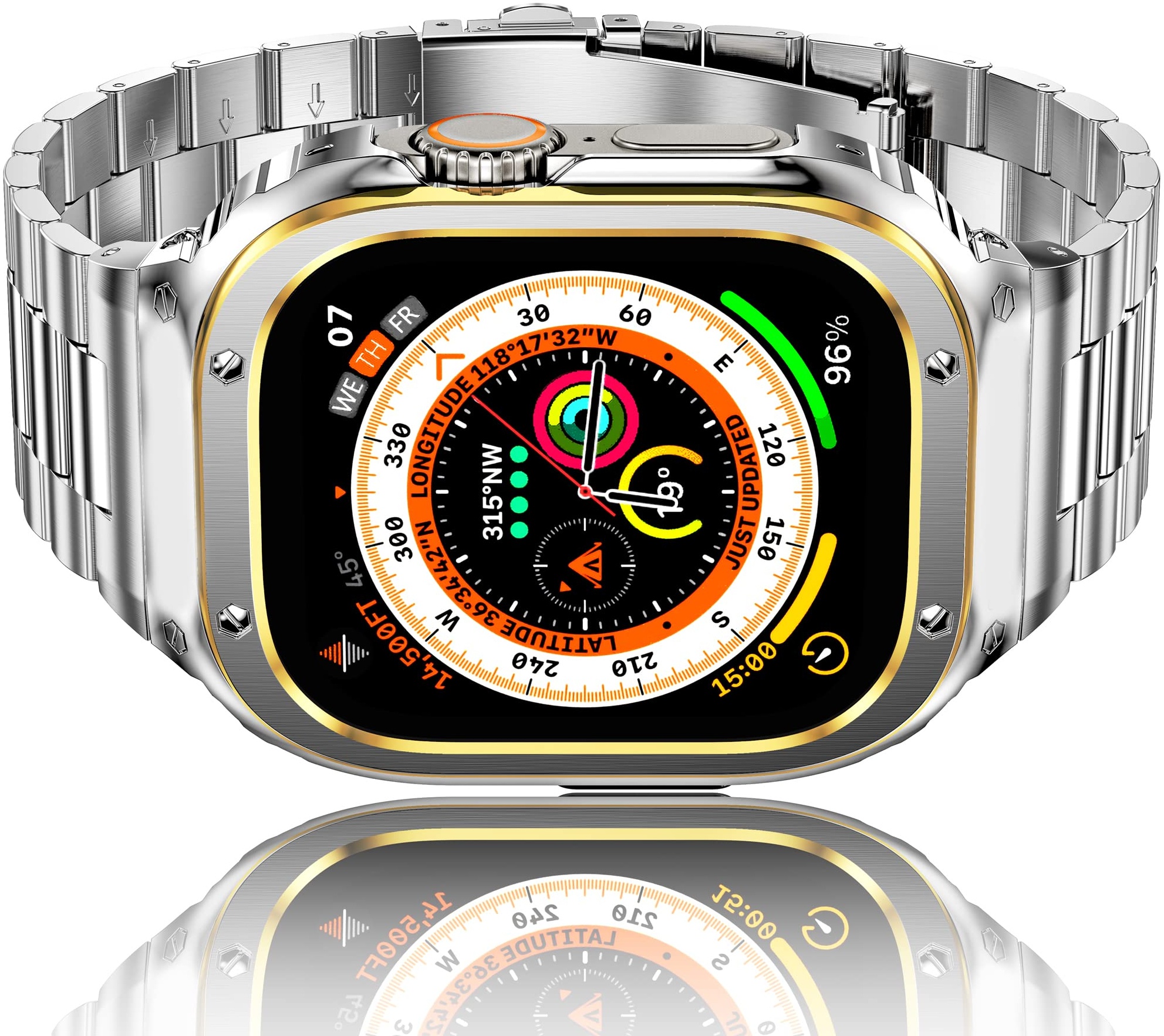 HASLFM Edelstahl Apple Watch Armband mit Gehäuse Kompatibel mit Apple Watch Ultra/Ultra 2(49mm),Metall iWatch Band und Schutzhülle, Robustes Ersatzband für Männer 2023,Silber-Gold
