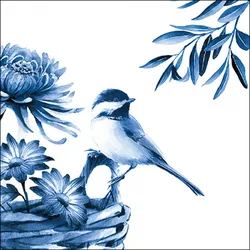 Ambiente 20 Servietten Papier 33x33cm 3-lagig - hochwertige Einweg Papierservietten Singvogel Blumen Blätter Aquarellmotiv blau weiß Garten Frühling Dekoration