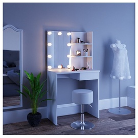 Vicco Schminktisch Dekos Kosmetiktisch Frisierkommode Frisiertisch Spiegel Weiß inklusive Hocker und LED-Lichterkette