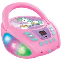 RCD109UNI Einhorn-Bluetooth-CD-Player für Kinder-Tragbar, Lichteffekte, Mikrofonbuchse, Aux-In, Akku oder Netz, Mädchen, Jungen, Lila, Rosa