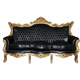 Casa Padrino Barock 3er Sofa Master Schwarz / Gold Lederoptik Mod2 - Limited Edition - Wohnzimmer Couch Möbel Lounge