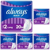 Always Maxi Damenbinden, Größe 2, lang, 20 Binden mit Flügeln, sehr reichlich fließender Tag, sehr saugfähiger Kern und auslaufsichere Barrieren (Packung mit 5)