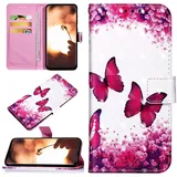 Kompatibel mit Huawei P Smart 2019 Handyhülle Leder Hülle Bling Glitzer Glänzend 3D Bunt Muster Klapphülle Case Brieftasche PU Leder Flip Wallet Magnet Schutzhülle Handytasche,Schmetterling Blume