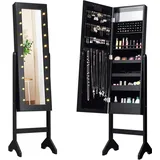 Costway - 18 Led-schmuckschrank Neigungsverstellbar, Schmuckregal Mit Ganzkoerperspiegel Und Kleinem Schminkspiegel, Schmuck Spiegelschrank Fuer Makeup Schwarz