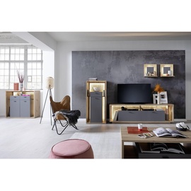 MCA Furniture Wohnwand »Lizzano«, (Set, 4 St.), im modernen Landhausstil mit 3-D Rückwand, wahlweise mit Beleuchtung, grau Eichefarben , 286x200x40 cm