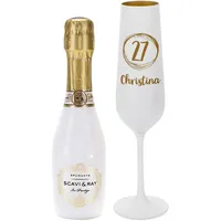 Herz & Heim® Geschenkset mit graviertem weiß-goldenem Sektglas und Piccolo Fläschchen/verschiedene Motive/mit Wunschname Happy Birthday mit Alter und Name