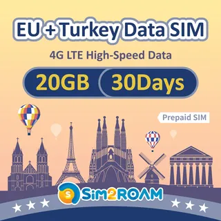 EU+Türkei SIM-Karte 30 Tage | NUR Daten | 20 GB Hochgeschwindigkeits-4G-LTE-Daten | Europa-Reise-SIM-Karte | Keine Registrierung, ID-Authentifizierung erforderlich! |Nein Telefon-Nr.