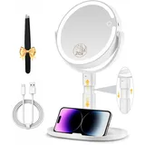 Tuocal Kosmetikspiegel mit Beleuchtung, Doppelseitiger 1X / 10X Vergrößerungsspiegel mit Licht 2000mAh 3 Farben Beleuchtungsmodi Einstellbare Helligkeit Rund 360° Schminkspiegel mit Beleuchtung