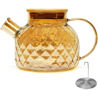 Belle Vous Teekanne Glas mit Siebeinsatz & Bambusdeckel - Strukturierte Borosilikatglas Teekanne 1 Liter mit Herausnehmbarem Teesieb - Herdsichere Teekanne für Losen Tee & Früchtetee