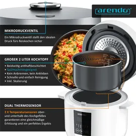 Arendo Reiskocher mit 5 Programmen, 350W, 2 Liter, Timer- und Warmhaltefunktion, BPA-frei, inkl. Messbecher & Reislöffel, Weiß/Silber