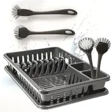Hausfelder Abtropfmatte Geschirrabtropfkorb Set (Vorteilspack mit Geschirrbürsten, SpaceBlack), Geschirrkorb mit Auffangschale aus Kunststoff + Spülbürsten Set schwarz