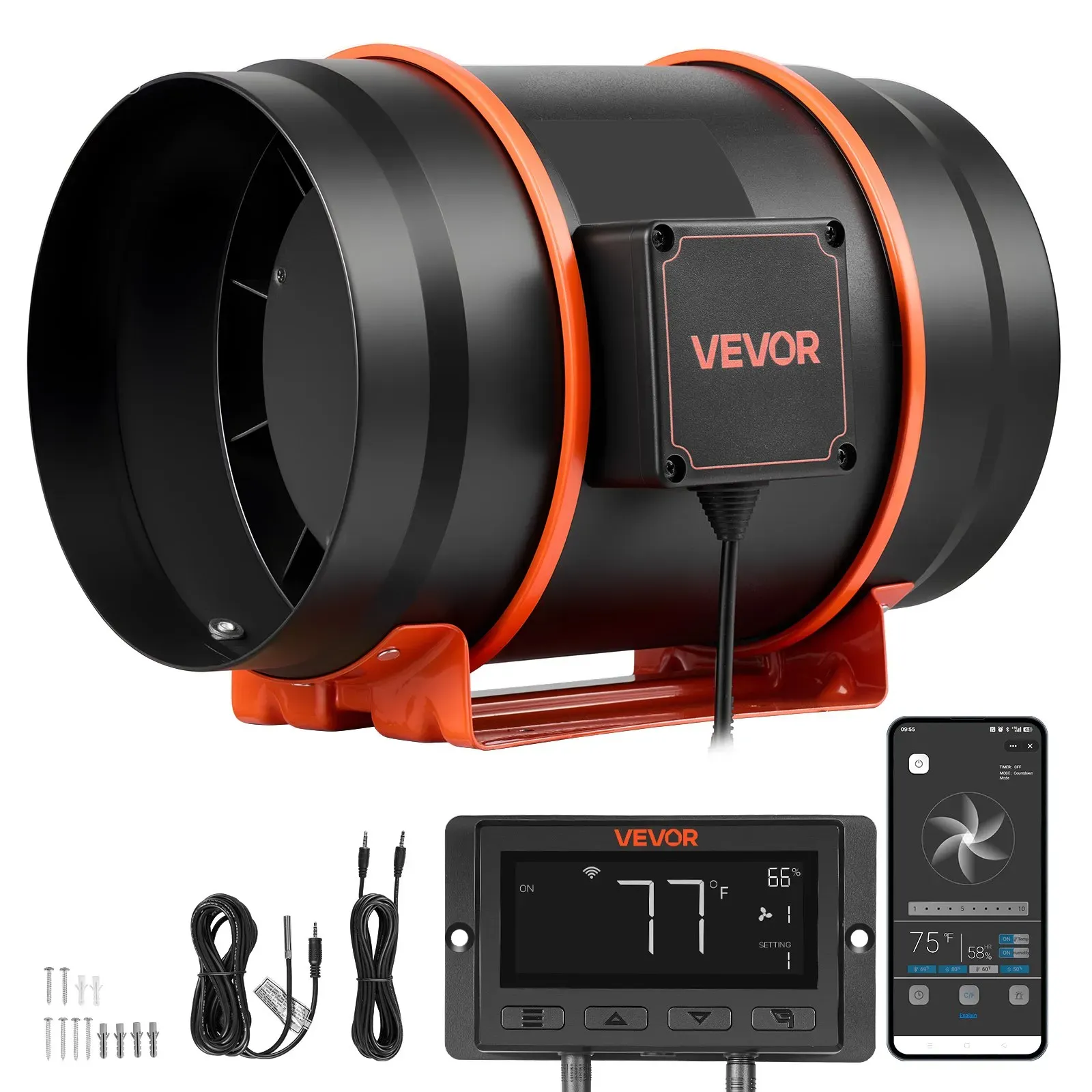 VEVOR 203mm Rohrventilator Regelbar, 1372m3/h Inline-Rohrlüfter mit PWM & App-Steuerung, Kanalventilator mit 10 Stufen 9h Timer & EC-Motor, Abluftventilator für Gewächshaus Badzimmer Keller Rauchabzug