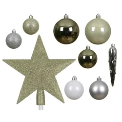 33 Weihnachtskugeln Kunststoff mit Christbaumstern Set bruchsicher Christbaumkugeln Weihnachtsbaumkugeln Christbaumspitze Grün Weiß Mix