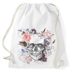 Autiga Turnbeutel Turnbeutel Totenkopf Blumen Flower Skull Boho Schädel Gymsac Baumwolle Autiga® weiß