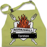 Kinderschürze Schürze Kinder Jungen Mädchen - Grillschürze - Born to Grill mit Name - 7-14 Jahre - Hellgrün - 7-13 Jahre