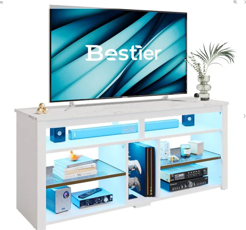 Bestier Lowboard TV-Schrank, Sideboard, Gaming-TV-Board mit LED-Beleuchtung (Breite 140 cm Fernsehtisch, 1 Stück, TV-Ständer für 55/60/65 Zoll Fernseher), Medien-TV-Schrank mit verstellbarem Regal, Weißer Marmor/Schwarz
