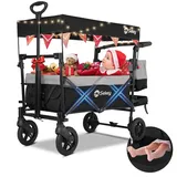 Sekey Bollerwagen Faltbar mit Dach 2 Kinder 150KG, Faltbarer Bollerwagen Handwagen Schiebegriff, Kinderwagen Stoßfest PU Räder mit Bremsen 110L, Dach-SS 5050, Grau mit Schwarz