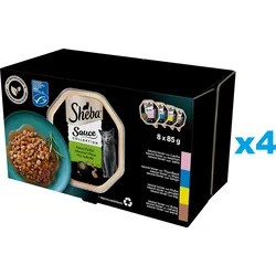 SHEBA Sauce Collection Schalen mit verschiedenen Geschmacksrichtungen 4x8x85 g in Sauce mit Lachs, Thunfisch, Huhn, Ente
