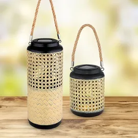 ETC Shop Solarleuchte Lampe Bambus Garten Solarlampen Rattan Balkon Solar Laterne zum hinstellen und aufhängen, 1x LED warmweiß, DxH 12 x 45 cm