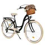 MILORD Damenfahrrad Citybike Komfort Mit Weidenkorb Hollandrad Vintage Fahrrad, 26, 28 Zoll, 7-Gang (Schwarz-Creme, 28 Zoll)