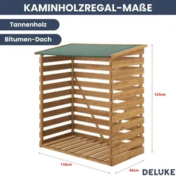 DELUKE® Kaminholzregal Außen NATUR - 123x116x64cm, Bitumen Dach| Holzunterstand für Brennholz außen Unterstand für Kaminholz Brennholzregal Braun
