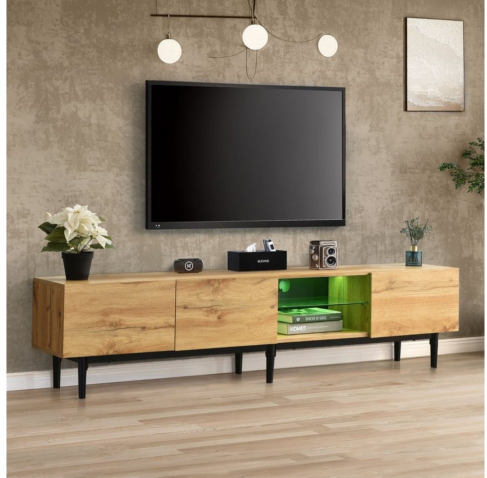 Merax Lowboard mit LED-Beleuchtung inkl. Fernbedienung, Wildeiche TV-Schrank, Fernsehtisch mit Glasablage, TV-Board, TV- Ständer, B:175cm beige