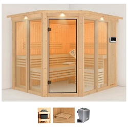 Karibu Sauna Anike 3, BxTxH: 245 x 210 x 202 cm, 68 mm, (Set) 9-kW-Bio-Ofen mit externer Steuerung beige