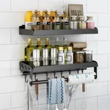 Gewürzregal Wand ohne Bohren,2er Set Gewürzregal Hängend Mit küchenrollenhalter und 6 Haken,Küchenregal für Gewürze,küchenutensilienhalter,Wandmontage gewürzregal schranktür für Küche,40cm schwarz