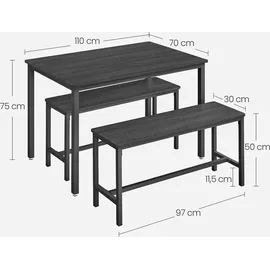 VASAGLE Esstisch, mit 2 Bänken, 3er Set aschschwarz-tintenschwarz