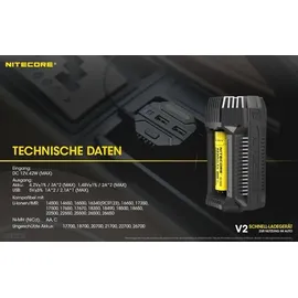 Nitecore V2 Kfz-Schnellladegerät 12V für 1 oder 2 Akkus, Ladestrom max. 3A