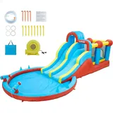 GarveeMore Hüpfburg XXL mit Wasserrutsche Hüpfburg Outdoor Wasserrutsche, Aufblasbarer Kinderpool mit Rutsche & Kletterwand, für Innen & Außen blau