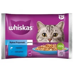 WHISKAS Adult Multipack Fisch 4x85g: Nassfutter für adulte Katzen mit Lachs und Thunfisch in Gelee