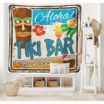 ABAKUHAUS Tiki Bar Wandteppich, Weinlese-Zeichen aus Weiches Mikrofaser Stoff Waschbar ohne Verblassen Digitaldruck, 150 x 110 cm,Braun Blau