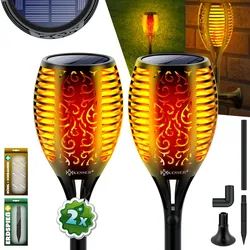 KESSER® Gartenfackel Solar Set Solarleuchten Flamme mit Wandhalterung + Erdspieß Licht-Sensor Wetterfest Garten Solarleuchte Fackel Lichter LED Gartenlampe Solarlampe Flammenlicht