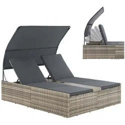 Juskys Polyrattan Doppelliege Syros - Outdoor Liege mit Dach & Auflagen - Sonnenliege Grau-meliert