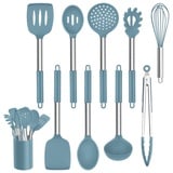 Homikit Küchenhelfer Set, 10 Stück Silikon Küchenutensilien Kochbesteck Set, Antihaft Hitzebeständiger Kochutensilien Set mit Edelstahlgriff, Gesund, Spülmaschinenfest - Blau