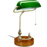 Relaxdays Bankerlampe mit Zugschalter, neigbarem Glasschirm & Holzfuß, Bankerleuchte E27, Schreibtischlampe Retro, grün,