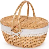 HEALSTOK Wicker Picknickkorb mit Griff, 38 cm großer leerer Picknickkorb mit Deckel und abnehmbarem Futter, Vintage Hand geflochtener Korb für Picknicks, Camping, Gemüse pflücken (weiße Blume, 40cm)