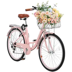 VEVOR Cruiser Fahrrad Rosa Beach Fahrrad mit Korb 66cm Reifen 7 Gang Einstellbar