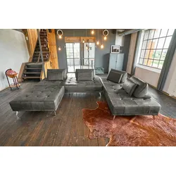 KAWOLA Sofa WIOLO Ecksofa Leder mit Hocker grau