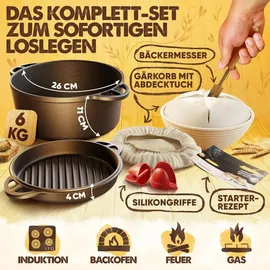 Flavemotion Gusseisen Topf zum Brot backen - Starter-Set mit Gärkorb, Bäckermesser und Rezepten - Brotbackfrom mit Deckel, Gusseisentopf