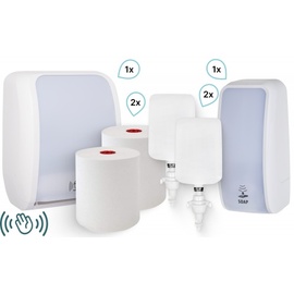 Blanc HYGIENIC KOMPLETT-SET Waschraum SENSOR: Handtuchrollenspender SENSOR + 2 TAD Handtuchrollen + Schaumseifenspender SENSOR + 2 Kartuschen Farbe Schwarz