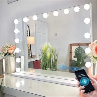 FENCHILIN Bluetooth großer Spiegel mit Beleuchtung, 18 Dimmer Led Leuchten,schminkspiegel mit Licht, Hollywood Spiegel Kosmetikspiegel mit 10 facher Vergrößerungsspiegel, Tischspiegel mit Usb 80x58